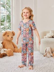 Young Girl Cute Cat Printed Comfortable Pajamas Set - Blue - View 6