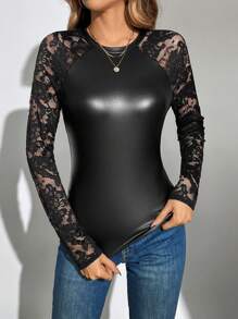 SHEIN Tall Women'S Lace Patchwork Sexy Top - Black - View 5