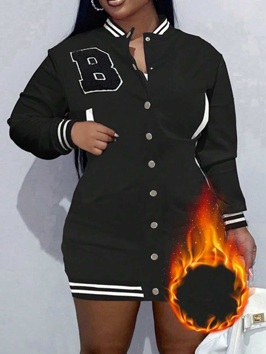 Maweii Plus Letter Patched Striped Trim Baseball Collar Bodycon Dress - Black - View 1