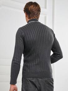 RueChic Men's High Neck Ribbed Knit Sweater - Dark Grey - View 2