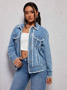 SHEIN ICON Women'S Button-Front Frayed Hem Denim Jacket - Light Wash - View 4