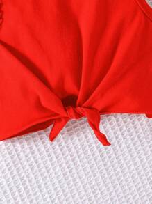 SHEIN Young Girl Monochromatic Vest Top With Belted Striped Shorts Outfit - Red - View 7