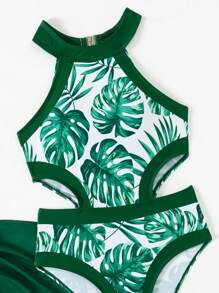 SHEIN Tween 女孩熱帶印花掛脖連身泳衣 - 綠色 - 查看 5