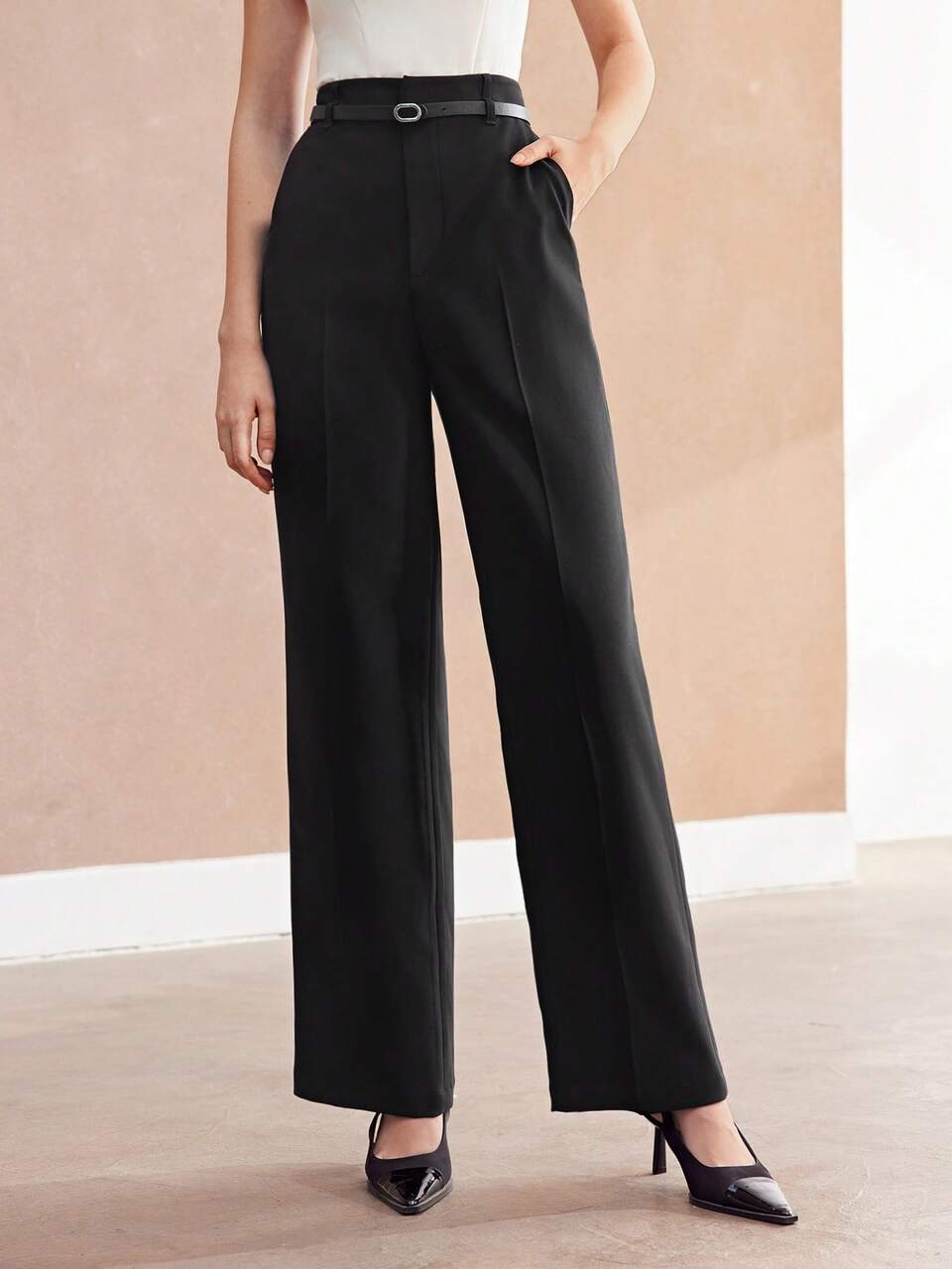 SOLID SLANT POCKET SUIT PANTS WITH BELT
