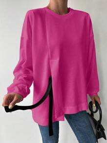 Cottnline Knot Front Drop Shoulder Asymmetrical Hem Sweatshirt - Pink - View 4