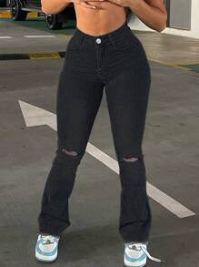 American Style Women Casual Distressed Flare Denim Jeans, Versatile - 黑色 - 查看 1