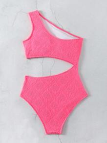 SHEIN Swim 女式連身不對稱領口粉紅泳衣嘉年華 - 粉色 - 查看 3