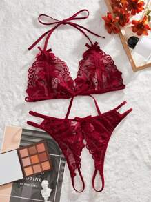 Floral Lace Cut-out Crotchless Lingerie Set
