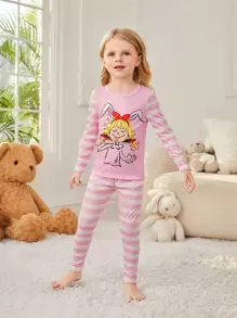 少女卡通印花條紋長袖上衣和條紋印花長褲家居服套裝 - 粉色 - 查看 1