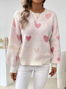 SHEIN LUNE Casual Women's Heart Pattern Knit Pullover Fall Winter Sweater - Pink - View 3