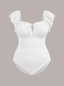 Swim Mod 大碼可愛白色荷葉邊一件式泳衣,火焰袖裝飾 - 白色 - 查看 7