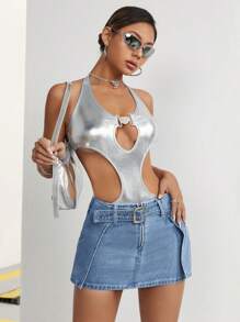 SHEIN ICON Falda De Mezclilla Lavada - Azul lavado medio - Ver 5