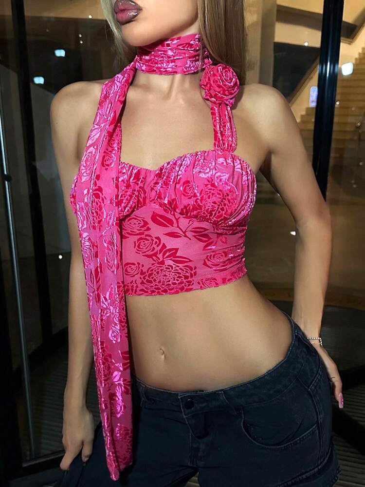 Slim Fit One Shoulder Halter Top With Neck Wrap And 3d Flower Decoration For Women