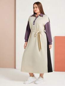 Seusyu Plus Size Women's Polo Collar Color Block Drop Shoulder Dress With Belt - Multicolor - View 3