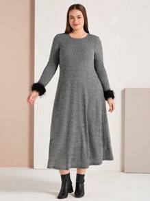 Mulvari Plus Size Women'S Patchwork Sleeve Cuff Round Neck Dress - Grey - View 5
