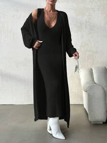 SHEIN V 領無袖毛衣洋裝和開襟衫套裝 - 黑色 - 查看 5