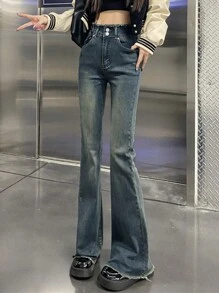 Women's Casual Flared Jeans With Pockets - Blue - View 4