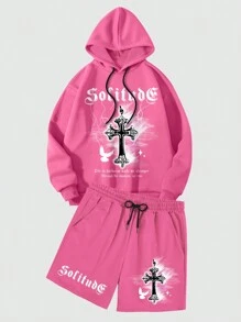 ROMWE MEN Street Life Bộ 2 áo hoodie và quần short thiết kế chữ thập cho nam cho mùa xuân/hè, đi học - Màu Hồng Tươi - Xem 1
