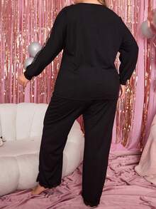 Conjunto De Pijama De Talla Grande Con Tapa De Manga Larga Y Pantalones Con Panel De Malla - Negro - Ver 2