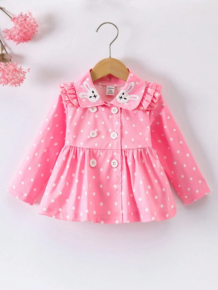 Baby Girls' Pink Polka Dot Coat With Bunny Applique Embroidery For Spring/summer Daily Casual Wear, Cute And Elegant, Long Sleeve