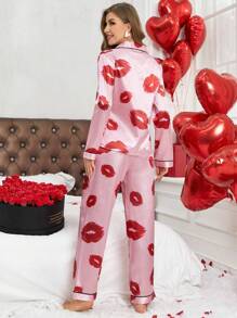 Lips Print Long Sleeve Top & Pants Pajama Set, Fall Clothes  Cozy And Elegant Details - Pink - View 2