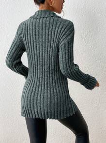 SHEIN Frenchy Half-Zip Split Side Sweater With Side Slit - Dark Green - View 2