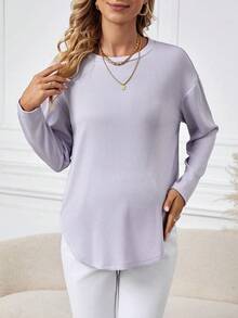 SHEIN 弧形下擺孕婦純色落肩 T 卹 - 紫色 - 查看 4