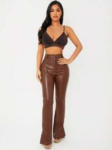 EURMUSE Women's Tight-Fit PU Leather Flared Pants With Slit - Brown - View 5