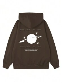 女士冬季星球和口号图案长袖抽绳连帽衫，带口袋，休闲宽松百搭假日风格上衣，时尚冬季女装，适合日常穿着 - 棕色 - 查看 2