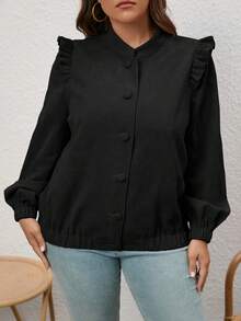 SHEIN LUNE Plus Size Solid Color Ruffle Trim Decorated Jacket - Black - View 7