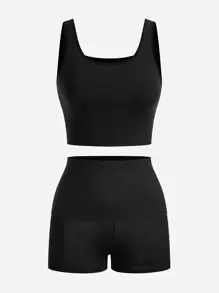 SHAPORA 女款純色短上衣和塑身短褲套裝 - 黑色 - 查看 2