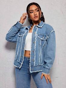 SHEIN ICON Women'S Button-Front Frayed Hem Denim Jacket - Light Wash - View 3