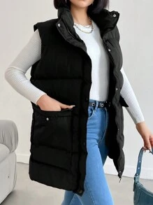 EURMUSE Zip Up Snap Button Puffer Vest Coat - Black - View 6