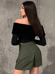 SHEIN Essnce Của phụ nữ Off Shoulder Dây kéo phía trước Áo thun - màu đen - Xem 2