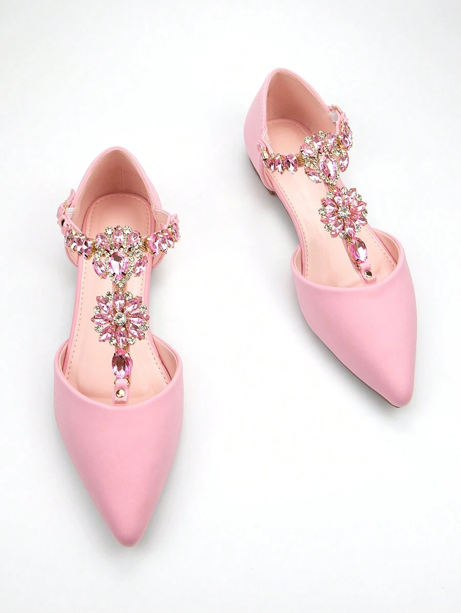 Fall/Winter Women's Luxurious Rhinestone Chain Decoration Pink Lycra Material Pointed Toe Hollow Out Flat Shoes With Ankle Strap, For Daily & Party Wear - Pink - View 1