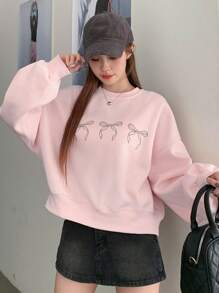 DAZY Sudadera con mangas caídas y estampado de lazo, ropa de otoño - Rosa - Ver 3