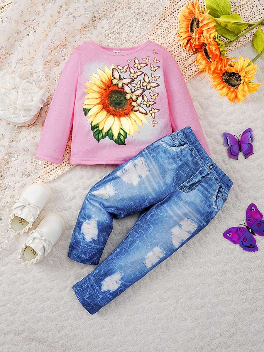 女婴向日葵和蝴蝶印花长袖上衣和牛仔效果长裤两件套 - 彩色 - 查看 1