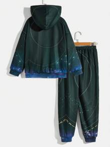 SHEIN 男童休閒動物印花寬鬆連帽衫與針織褲套裝,青少年 - 黑色 - 查看 2