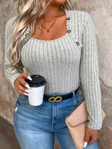 Plus Size Ribbed Knit Long Sleeve Bodysuit With Button Embellishment - Apricot - View 6
