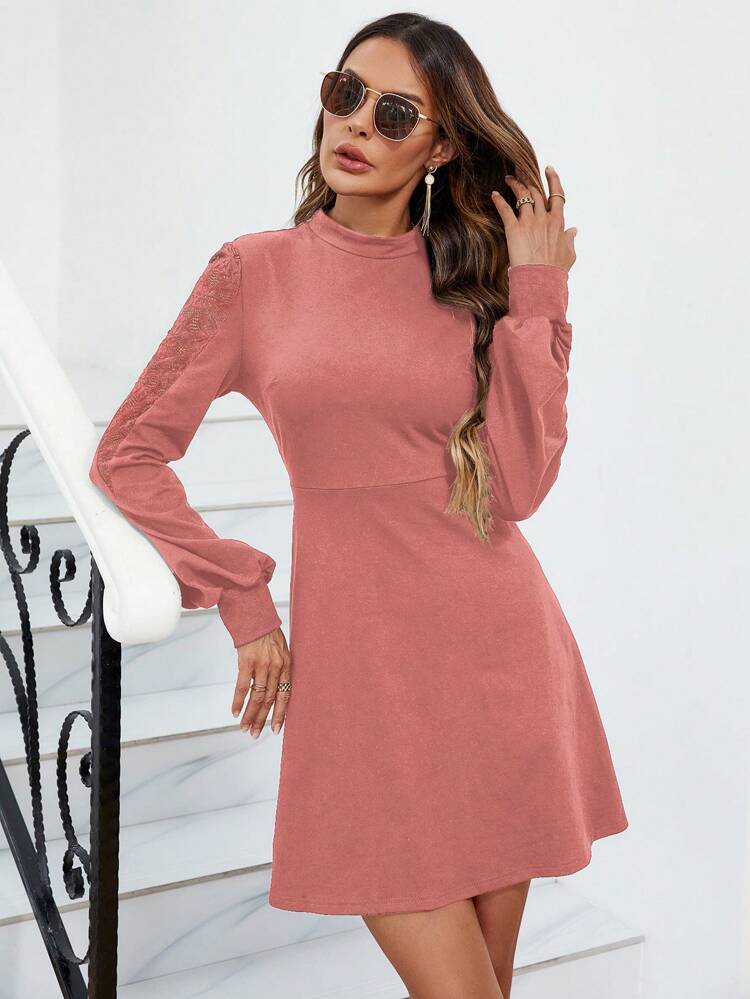 Stand Collar Lace Insert Lantern Sleeve Dress