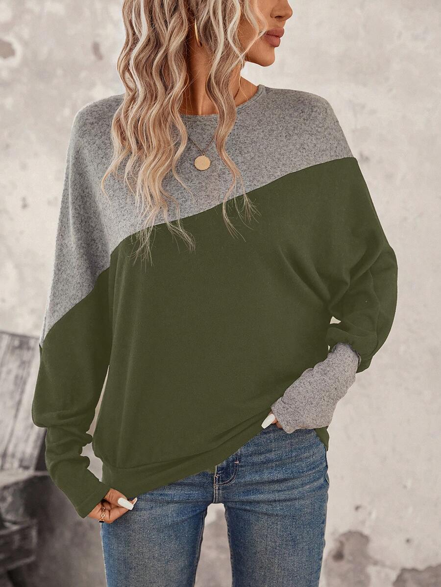 SHEIN LUNE Tương phản Màu sắc tay cánh Giải trí Áo nỉ - xanh quân đội - Xem 1