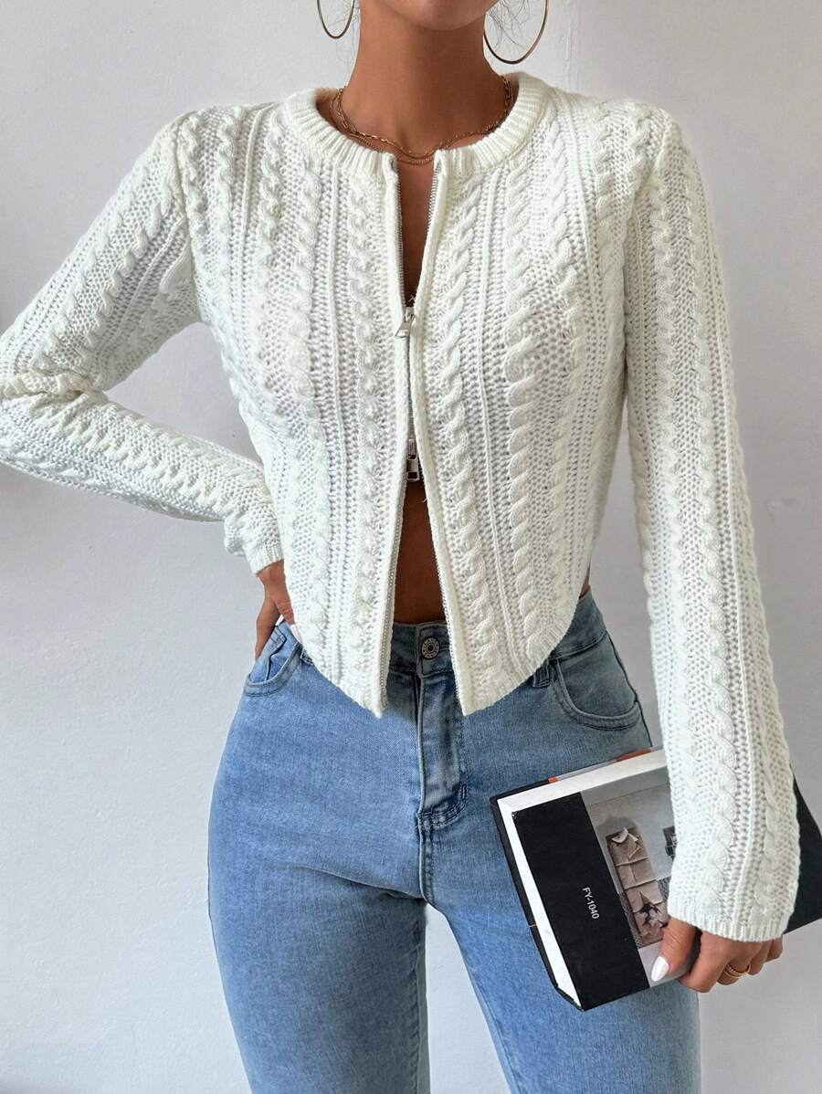 SHEIN Essnce 不对称下摆纯色拉链开衫 - 白色 - 查看 1