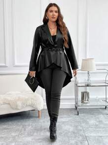 SHEIN Clasi 大碼西裝領腰帶PU皮革外套 - 黑色 - 查看 3