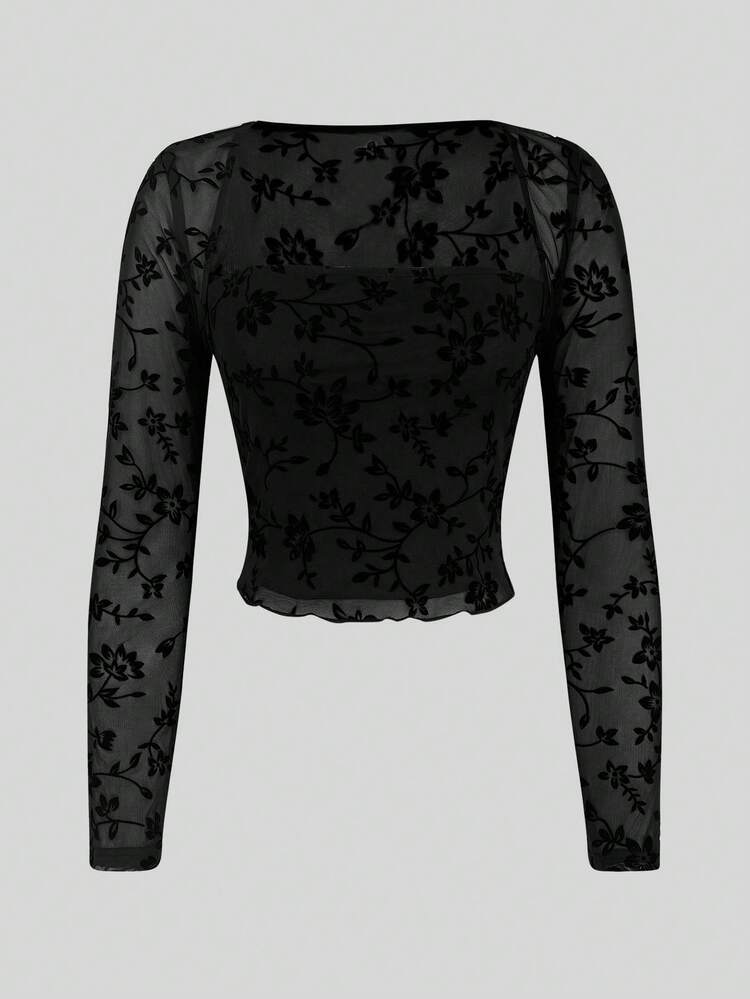 2pcs/Set Floral Embroidery Mesh Top With Lettuce Trim Fall Cloth For Women