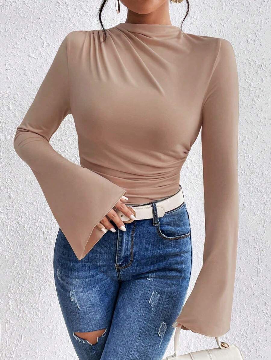 Zolique Stand Collar Bell Sleeve T-Shirt - Khaki - View 1