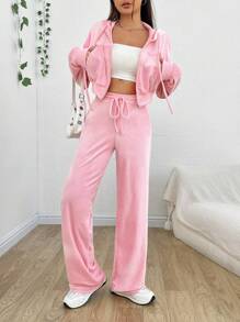 SHEIN EZwear Zipper Front Hooded Jacket And Pants Set - Pink - View 6