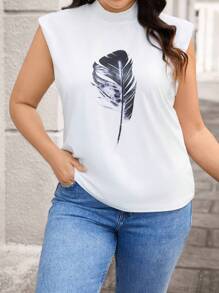SHEIN Essnce Camiseta Informal Con Estampado De Plumas Y Cuello Simulado De Talla Grande - Blanco - Ver 6