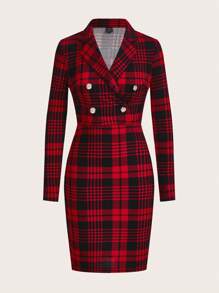 SHEIN Clasi 1pc Plaid Print Button Front Bodycon Dress Christmas - Multicolor - View 1
