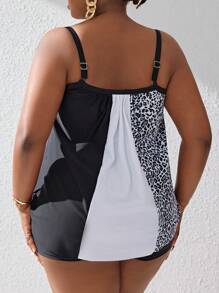 Swim Lushoire 大尺寸豹紋色塊比基尼套裝,細肩帶和背心式上衣 - 黑與白 - 查看 2