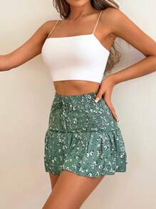SHEIN Cottnline Ditsy Floral Print Knot Waist Skort - màu xanh lá - Xem 3